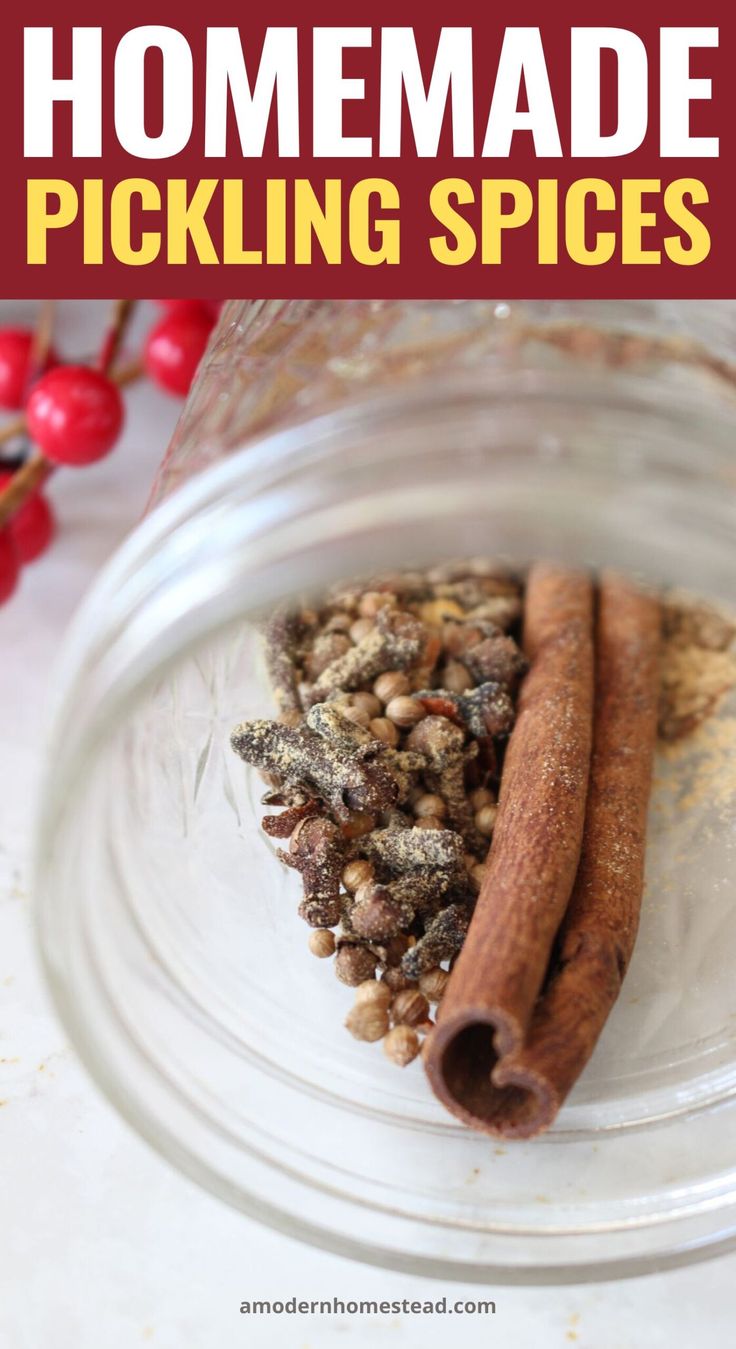 homemade pickling spices in a jar with text overlay