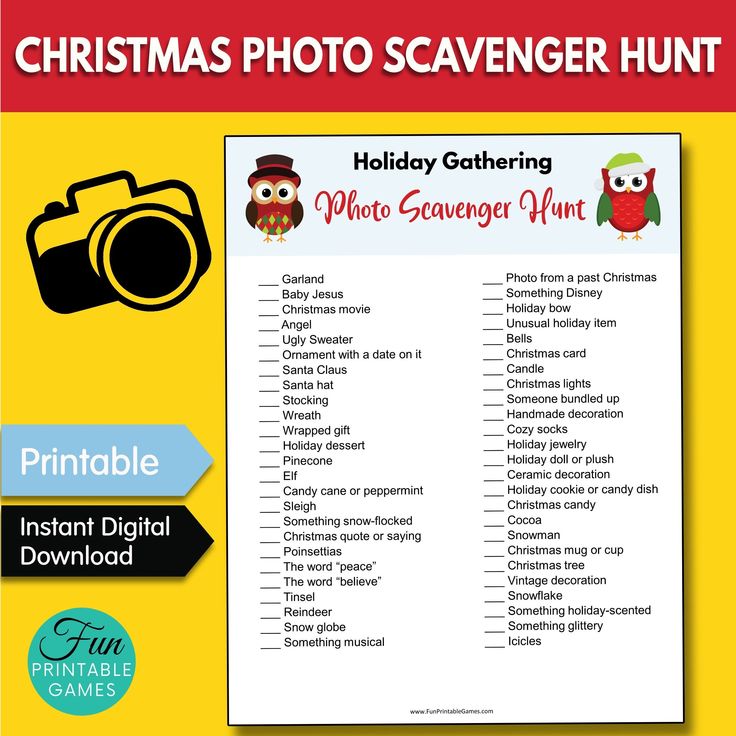 a christmas photo scavenger hunt with an owl and camera on the front page