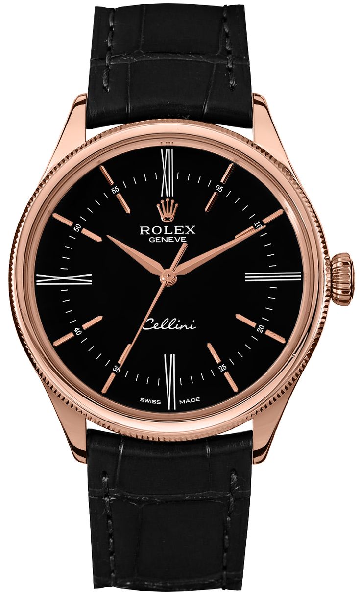 50505 | 50505-0009 ROLEX CELLINI TIME MEN'S LUXURY WATCH - Free Overnight Shipping - With Manufacturer Serial Numbers - Swiss Made - Black Dial - Roman Numeral & Index Hour Markers - 60 Second / Minute Track - Polished Solid 18k Everose Gold Domed & Fluted Double Bezel - Stop-seconds Feature for Precise Time Setting - 48 Hour Power Reserve - Self-winding Automatic Chronometer Movement     COSC Chronometer Certified - Rolex Caliber 3132 - Vibrations Per Hour: 28,800 - Jewels: 31 - 6 Year Warranty - Guaranteed Authentic - Certificate of Authenticity - Manufacturer Box & E-Manual (will be sent by email) - Polished Solid 18k Everose Gold Case - Black Leather Strap with Pattern - Scratch Resistant Sapphire Crystal - 50 Meters / 165 Feet Waterproof - 39mm = 1 1/2" Case, 7" Adjustable Strap - Cas Rolex Cellini, Roman Numeral, Gold Case, Luxury Watches For Men, Roman Numerals, Swiss Made, Luxury Watch, Sapphire Crystal, Gold Watch