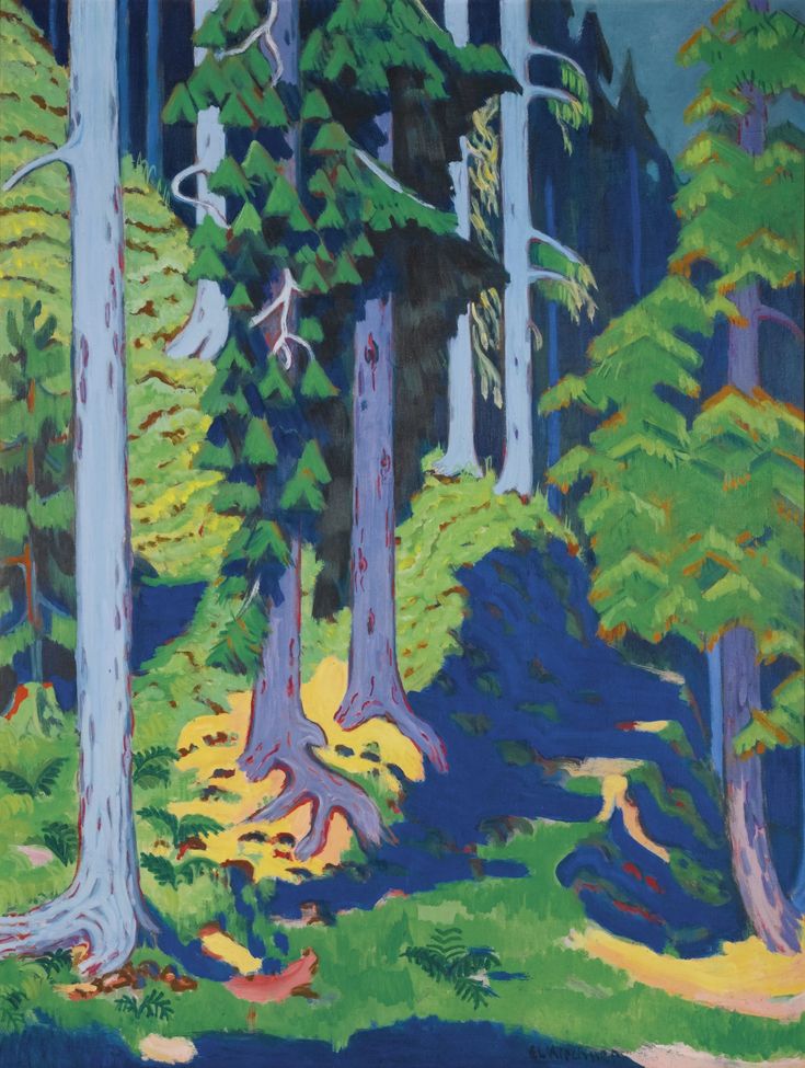 an oil painting of trees in the woods