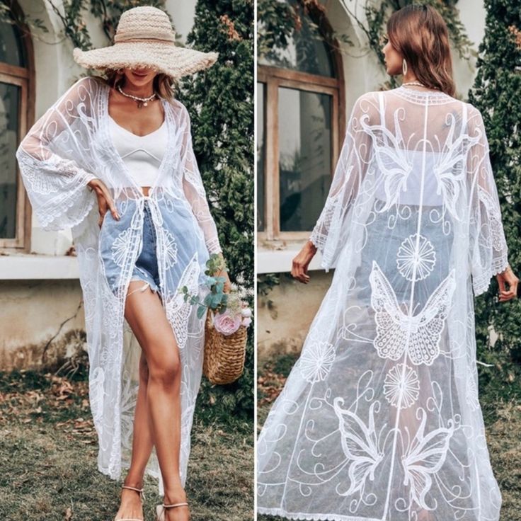 Brand New Butterfly White Lace Kimono. Soft White Woven Fabric, Bell Sleeves. Beautiful Lace Kimono Lace Open Front Cover-up For Summer, White Lace Cover-up For Spring, Fitted Bohemian Cover-up For Summer, Fitted Bohemian Style Summer Cover-up, Bohemian Fitted Sheer Cover-up, Fitted Cover-up For Spring Vacation, Spring Vacation Fitted Cover-up, Chic Summer Cover-up, Fitted Spring Cover-up For Summer Style