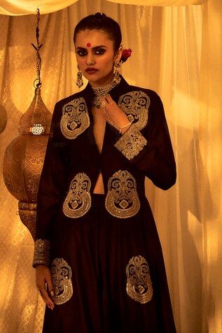 Black full sleeve jacket with gold marodi embroidery in floral placement pattern and mandarin collared neckline. Paired with pant. - Aza Fashions Festive Long Sleeve Outerwear With Gold Embroidery, Designer Wear Long Sleeve Bandhgala For Fall, Anarkali Long Sleeve Festive Outerwear, Long Sleeve Nehru Jacket With Gold Embroidery For Winter, Fall Bandhgala With Long Sleeves, Fall Zari Work Sets With Long Sleeves, Fall Long Sleeve Sets With Zari Work, Wedding Sets With Zari Work For Fall, Fall Wedding Sets With Zari Work