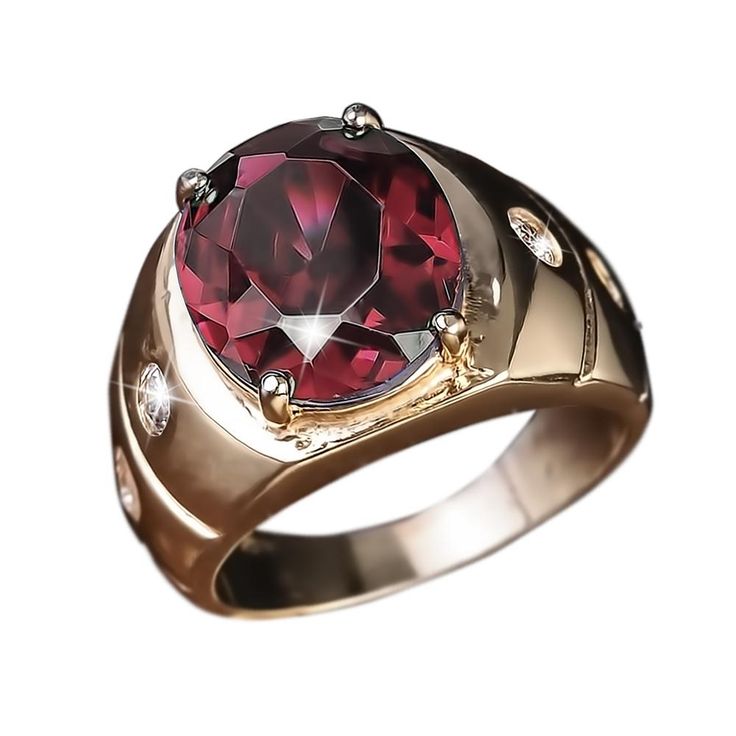 The deep and rich blue color of blues or the fiery red of Burmese Rubies are so highly prized that an 8 carat oval cut gem would cost you well in the five figures. We bring you the same look but without the extravagant cost. Our blue Diamondeau® - the Supreme Diamond Alternative are cut and polished using the same technique as any priceless mined gem. We give the illusion of expensive gold with the use of 925 solid silver lavishly plated in gold that is set with 4 of our Diamondeau® - the Suprem Luxury Elegant Men's Ruby Ring, Thick Red Rings For Men, Red Gemstone Ring Men, Luxury Handmade Ruby Men's Ring, Luxury Red Gemstone Men's Ring, Garnet Ring Silver, Red Rings, Diamond Signet Ring, Mens Engagement