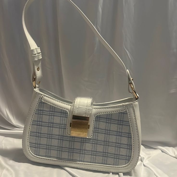 White With Blue Plaid Shoulder Bag White Square Shoulder Bag For Day Out, White Square Bag For Day Out, Trendy Blue Bags For Day Out, Trendy Blue Shoulder Bag For Day Out, Blue Bag With Adjustable Strap For Day Out, Homecoming Inspo, Purse Aesthetic, Purse Ideas, Dream Bag