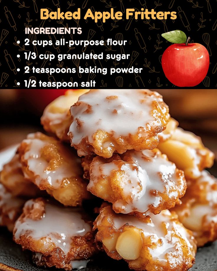 an advertisement for baked apple fritters on a plate with apples in the background