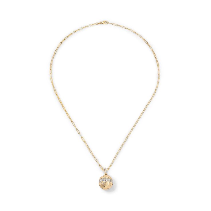 Elevate your look with the timeless beauty of our Scattered Diamonds Ball Pendant Necklace. The design effortlessly combines classic sophistication with modern flair, making it the perfect accessory for any occasion. Available in 14K Yellow Gold Paperclip Chain length = 18in Ball Pendant = 15mm Diamond weight = 1.68 carats Elegant Tarnish Resistant Chain Necklace With Round Pendant, Elegant Tarnish Resistant Round Pendant Chain Necklace, Elegant Medallion Necklace With Polished Finish, Elegant Jewelry With Delicate Chain And Medallion, Elegant Tarnish Resistant Initial Pendant Chain Necklace, Elegant 14k Gold Medallion Chain Necklace, Elegant Tarnish Resistant Diamond Necklace, Elegant Medallion Jewelry With Delicate Chain, Elegant 14k Gold Chain Necklace With Initial Pendant