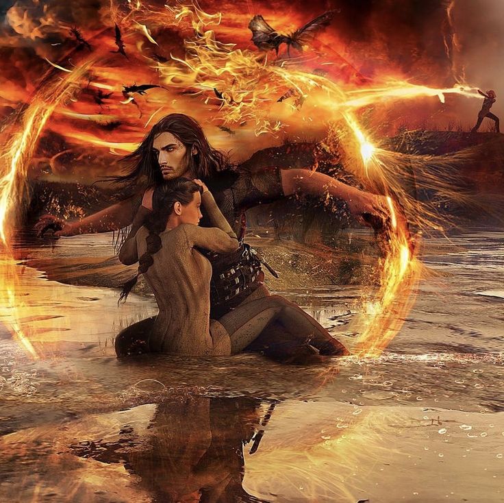 a woman sitting on the ground in water with fire and flames around her behind her