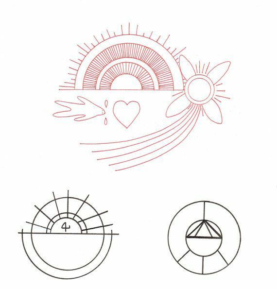 the sun, moon and other symbols are drawn in red on white paper with black ink