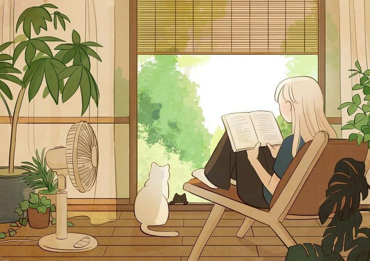 a woman sitting in a chair reading a book next to a cat