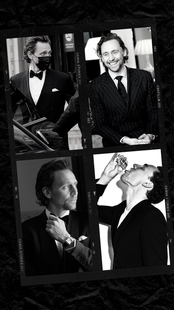 four black and white photos of men in tuxedos