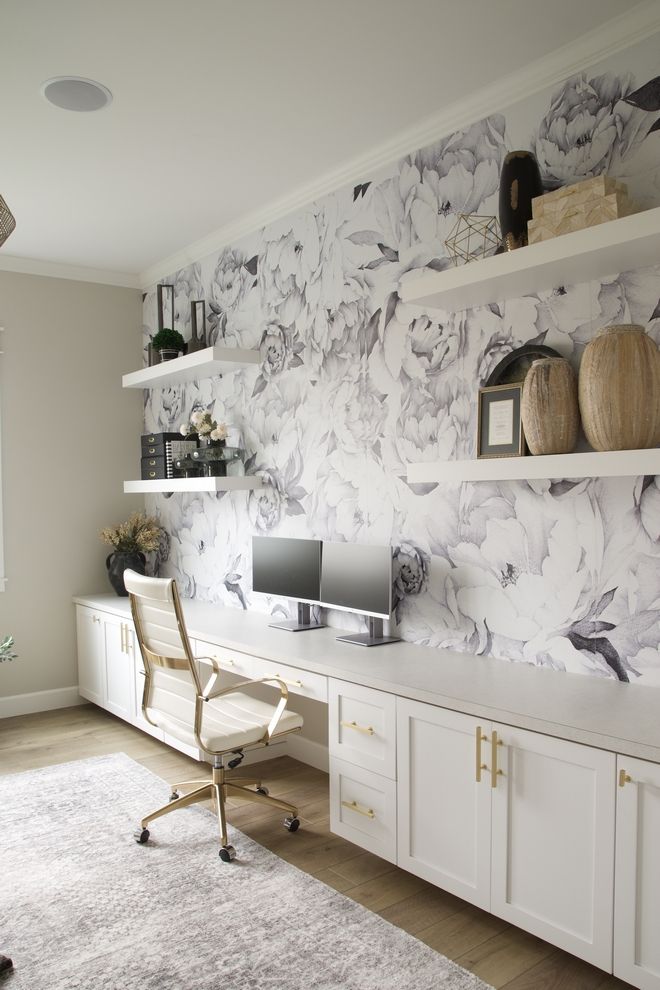 a white desk with a computer on it in front of a wallpapered background