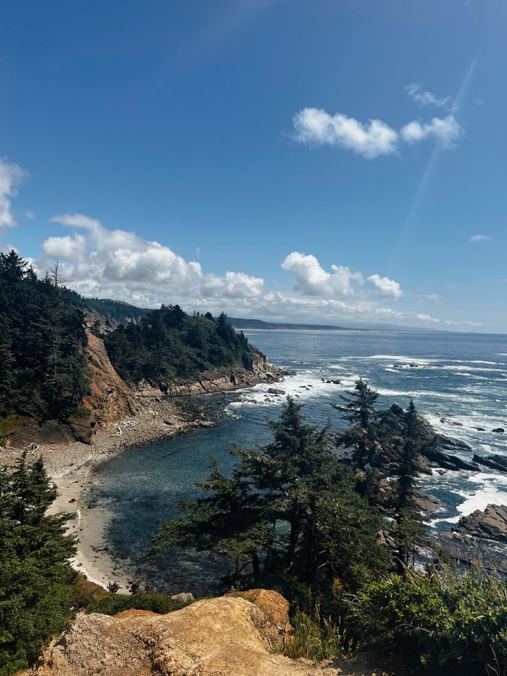 the ocean is surrounded by pine trees and rocky coastlines on a sunny day with blue skies