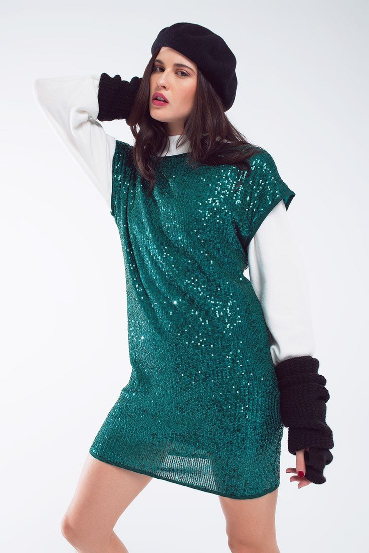 Q2 Relaxed Sequin Dress With Short Sleeves and Open Back in Green Glamorous Sequin Fabric For Winter Night Out, Glamorous Winter Sequin Fabric For Night Out, Festive Glitter Dress, Holiday Party Sequin Dress With Contrast Sequin, Festive Contrast Sequin Mini Dress For Night Out, Holiday Sequin Mini Dress, Glamorous Sequin Fabric For Festive Fall Occasions, Winter Night Out Contrast Sequin Fabric, Green Sequined Holiday Dress