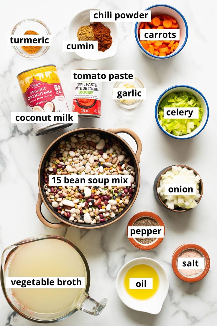 the ingredients to make this soup are shown in bowls