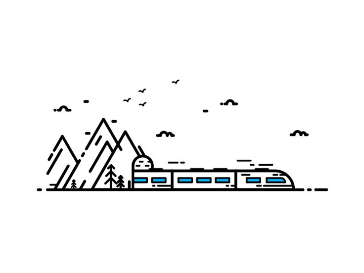 a black and white line drawing of a train traveling through the mountains with birds flying around