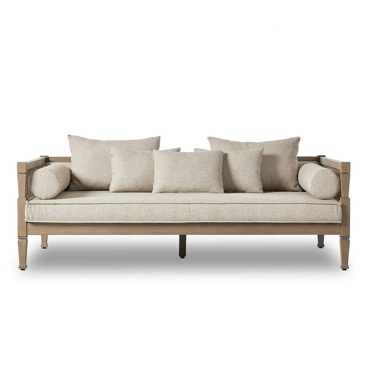 Amara Coastal Beach Beige Upholstered Teak Wood Outdoor Sofa - 86"W Outdoor Sofa Design, Outdoor Loveseat, Sofa Size, Outdoor Stools, Modern Outdoor Furniture, Sunbrella Cushions, Stylish Sofa, Teak Outdoor, Patio Sofa