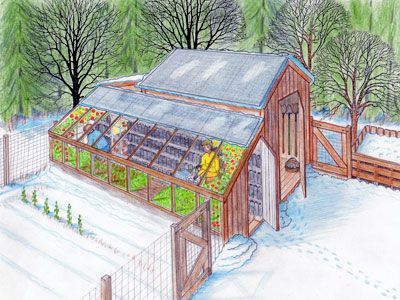 a drawing of a greenhouse in the snow