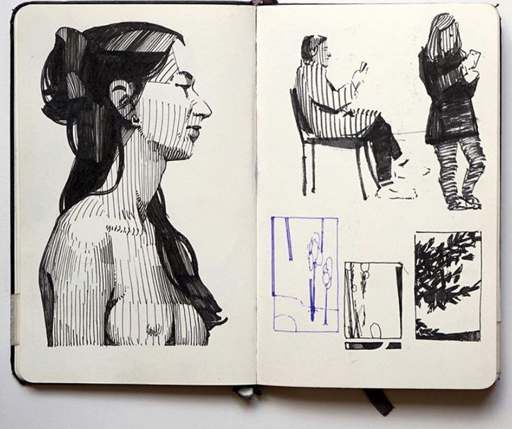 an open book with drawings of people sitting in chairs and one woman standing on the other side