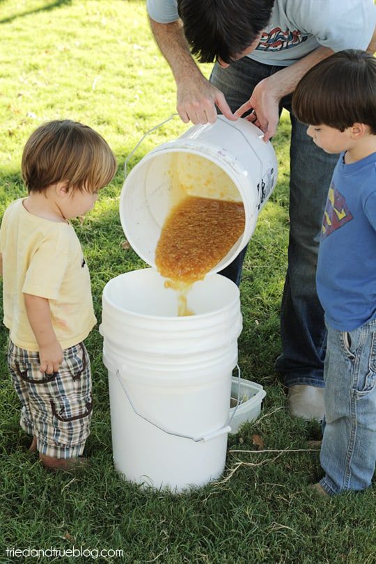 a man pours honey into a bucket with two young boys