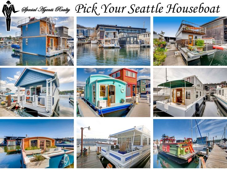 several pictures of houses and boats on the water with caption that says pick your seattle houseboat