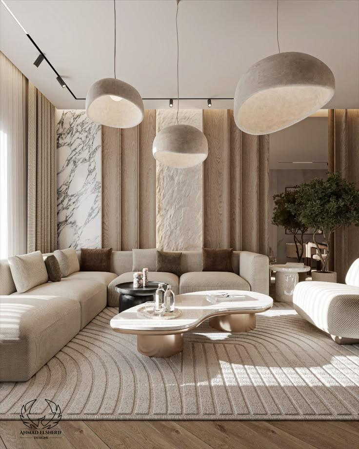 an elegant living room with white and beige furniture