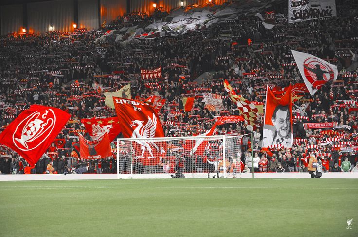 a soccer stadium filled with fans and flags