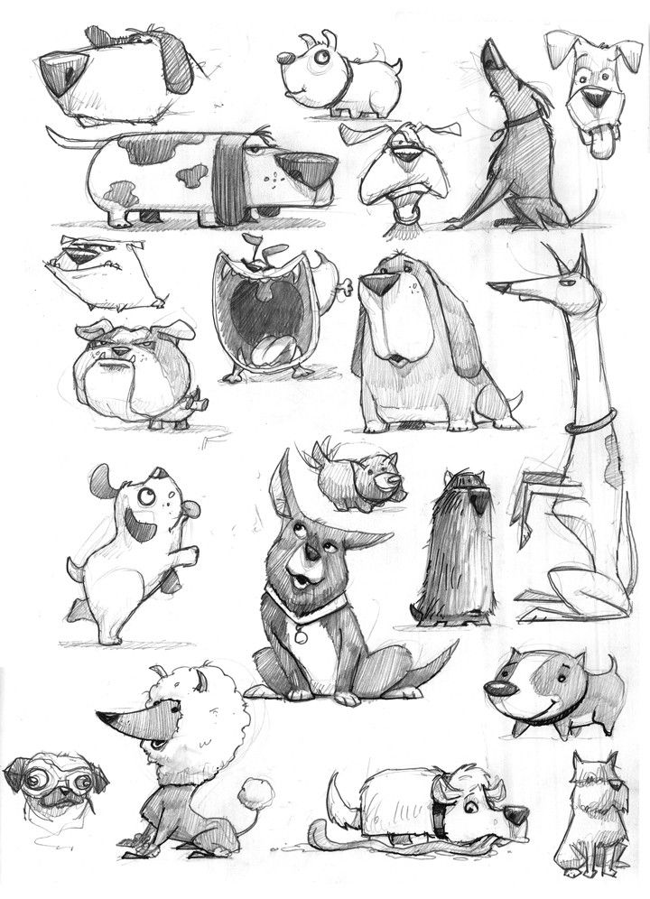 an image of various cartoon animals that are drawn in black and white pencil on paper