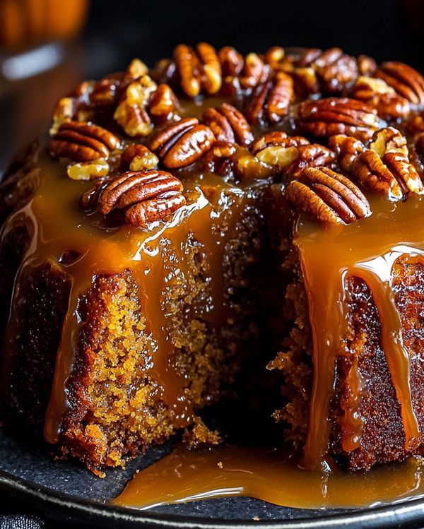 a bundt cake with pecans and caramel drizzled on top