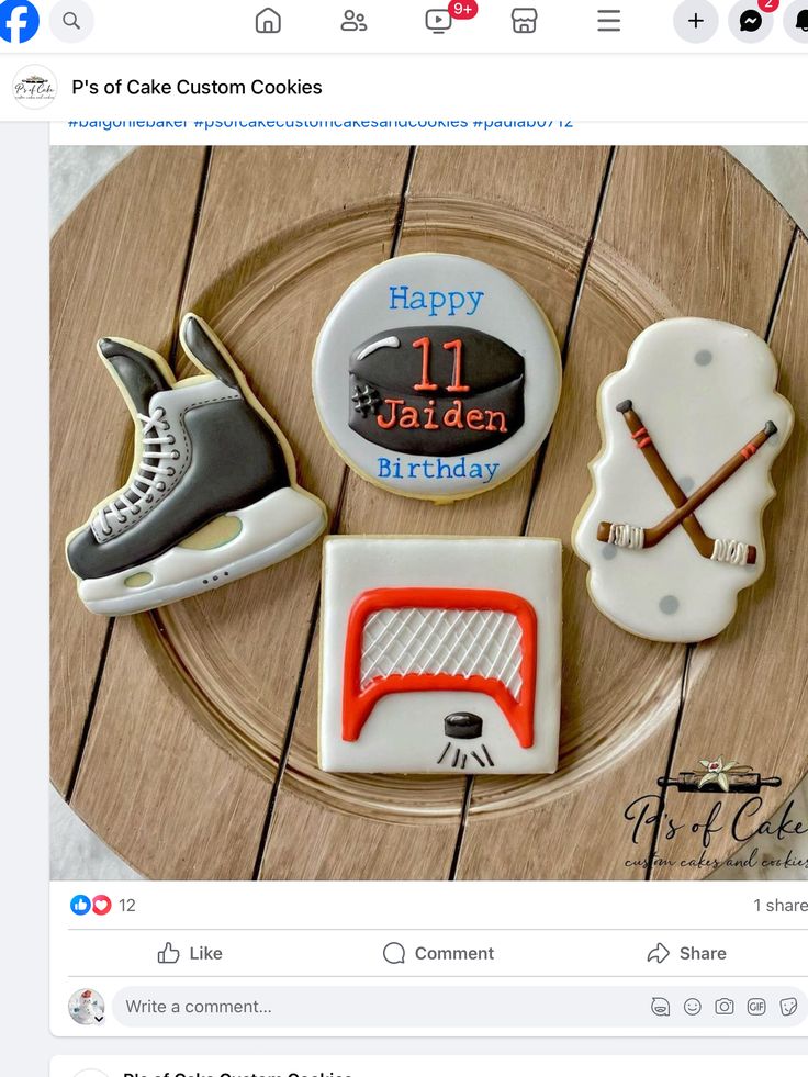 a plate with cookies decorated to look like sports related items and the words happy birthday on it