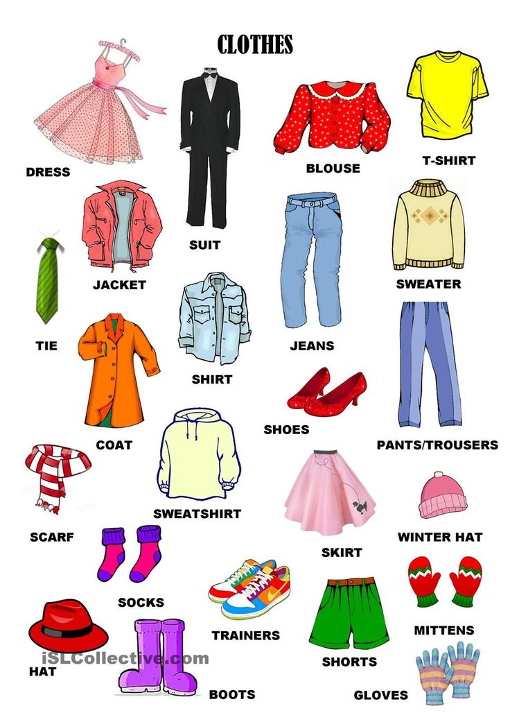 an image of clothes and shoes that are labeled in the english language on a white background