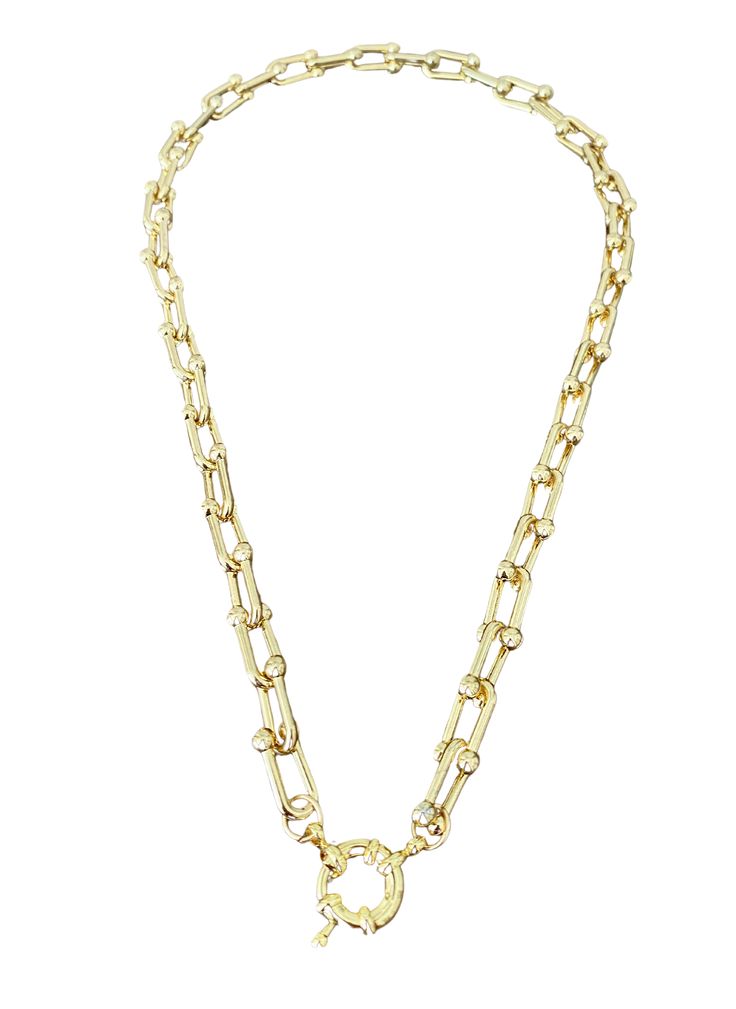 This necklace is a stunning statement piece that features gauge links and a sailor clasp. It is designed to make a bold and eye-catching impact. The necklace measures approximately 16.5 inches in length. The necklace is crafted with gauge links, which are typically larger and thicker than standard links. These robust links add a strong and substantial element to the design, creating a statement-worthy accessory. The gauge links give the necklace a distinctive and edgy look, making it a standout Trendy Link Chain Necklace With Lobster Clasp, Trendy Link Necklaces With Lobster Clasp, Chic Jewelry With Toggle Clasp And Chain Link, Chic Link Chain Necklace With Toggle Clasp, Chic Toggle Link Necklace With Chain, Chic Chain Link Jewelry With Toggle Clasp, Chic Chain Link Necklace With Lobster Clasp, Chic Metal Chain Link Toggle Necklace, Trendy Toggle Link Necklace With Lobster Clasp