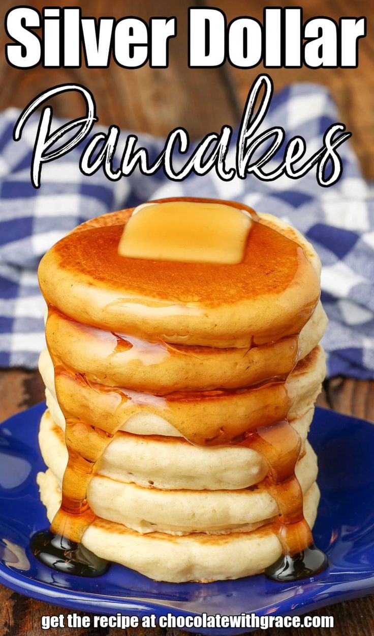 pancakes stacked on top of each other with butter and syrup