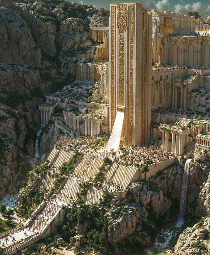 an artist's rendering of a city in the middle of a cliff side area