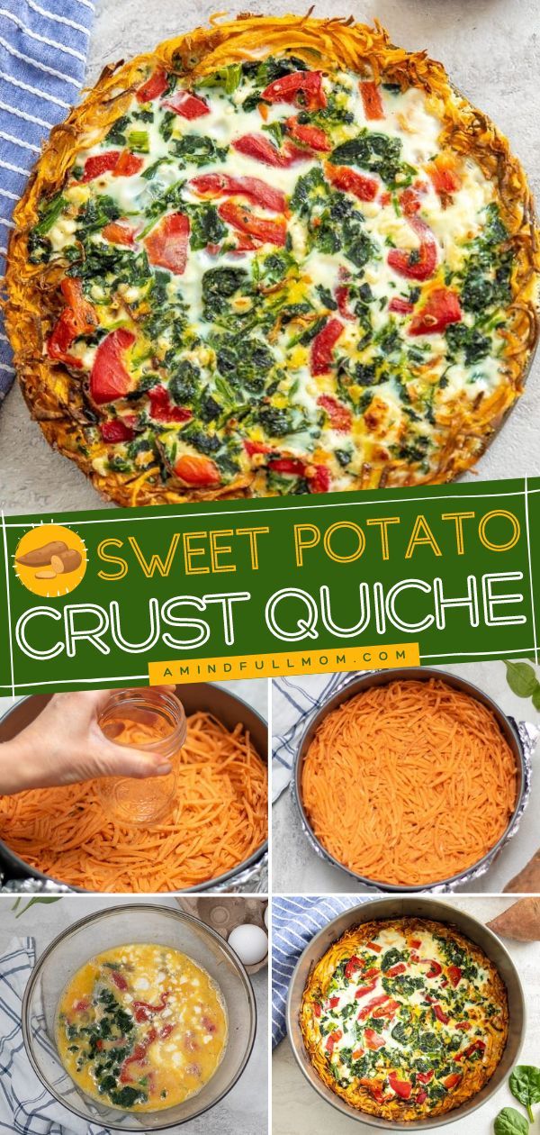 several different types of food in pans on a table with the words sweet potato crust quiche