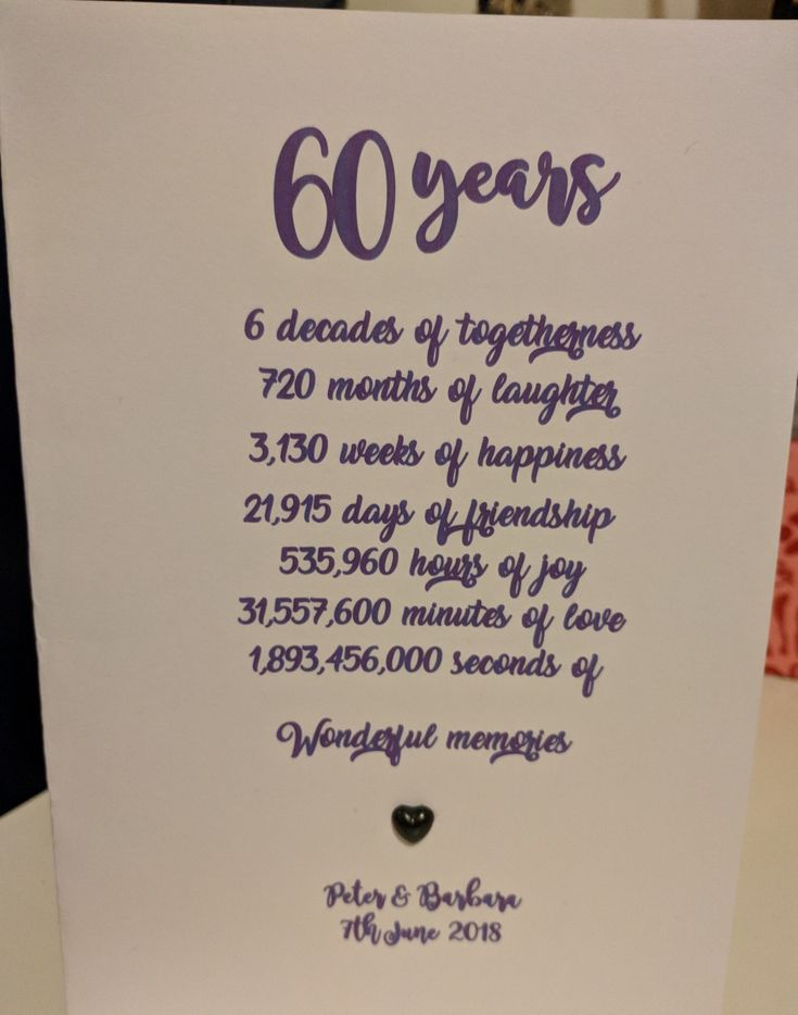 a white card with purple writing on it that says 60 years and has a black heart in the middle