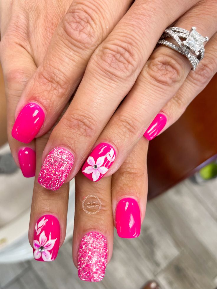 Hot Pink Nails Design Ideas, Luau Nail Ideas, Neon Nail Ideas Summer Pink, Tropical Pink Nails, Hot Pink Tropical Nails, Rose Nail Design Flowers, Summer 2024 Nails Ideas, Carribean Nails Designs, Hot Pink Summer Nails Designs