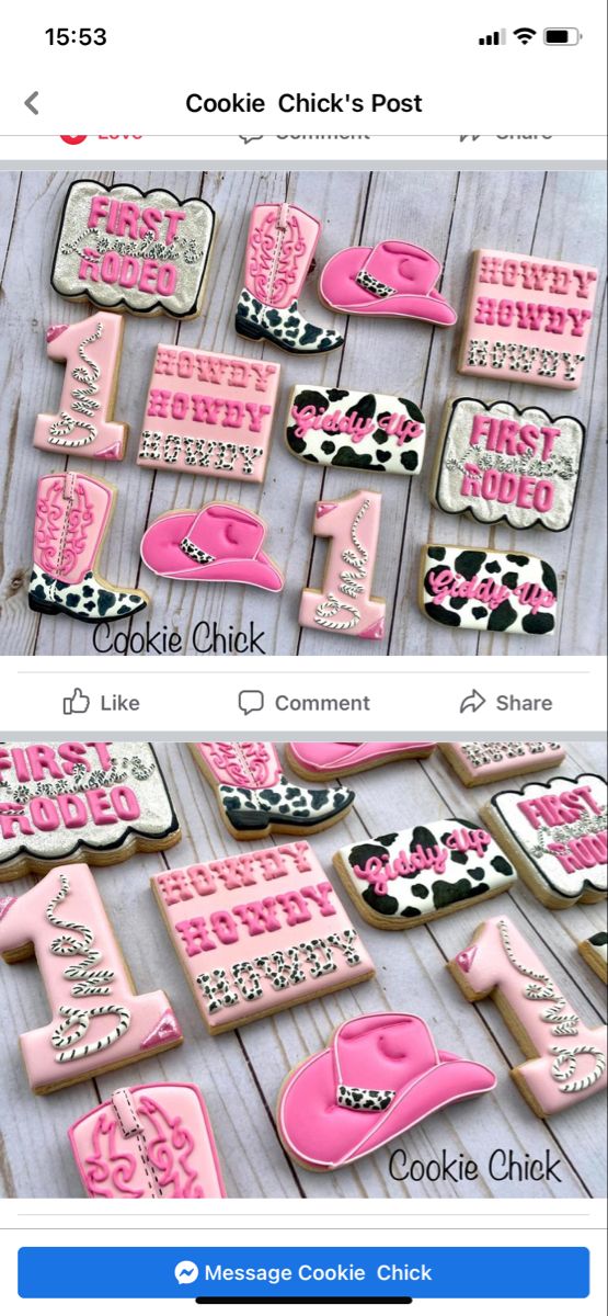 two screens showing cookies decorated with pink and black icing, one has a cowboy hat on it