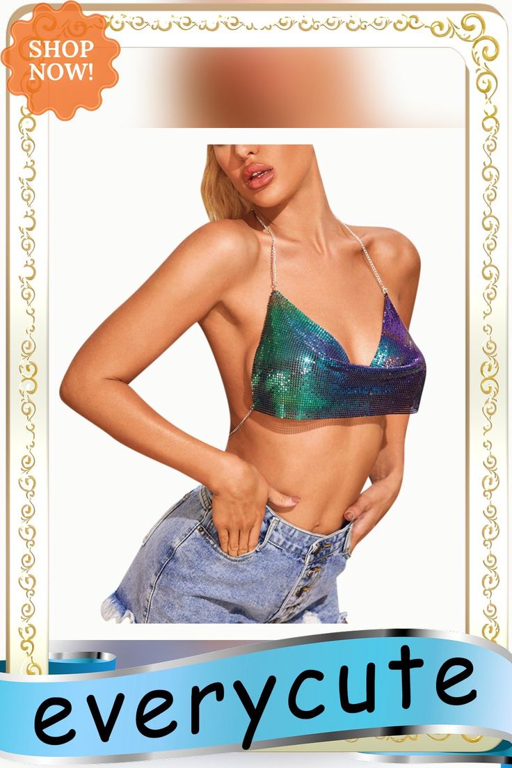 Fashion Metal Crop Top Summer Sexy Club Femme Backless Bralette Vest Beach Halter Gold Sequined Party Women Tank Camisole Croppe Party Halter Top With Spaghetti Straps And Built-in Bra, Glamorous Halter Neck Top For Beach, Party Backless Halter Top With Built-in Bra, Backless Evening Crop Top For Summer, Summer Evening Backless Crop Top, Glamorous Triangle Halter Top For Parties, Backless Halter Top For Club And Party Season, Backless Strap Crop Top For Club, Backless Strapped Crop Top For Club