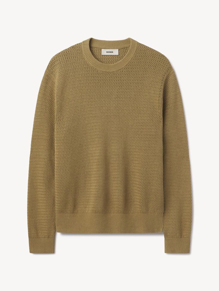 Rope-knit crewneck sweater in a hemp/cotton blend that wicks moisture and breathes easily. | Buck Mason Men's Rope-Knit Yuma Hemp Crewneck Sweater in Golden Khaki, Size XS | Cotton Jefferson White, Fall Tee Shirts, Buck Mason, Artist Tees, Suit Shirts, Raw Denim, Mens Fall, Knit Crewneck, Khaki Color