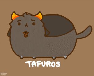 a drawing of a cat with horns on it's head and the word tauros written below