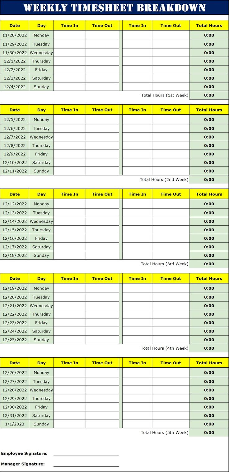 the printable weekly timesheet breakdown schedule is shown in blue and yellow