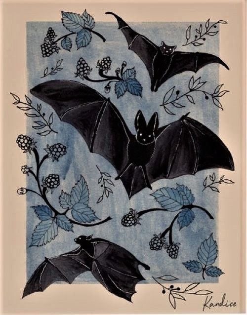 two bats are flying in the air with leaves and berries around them on a blue background