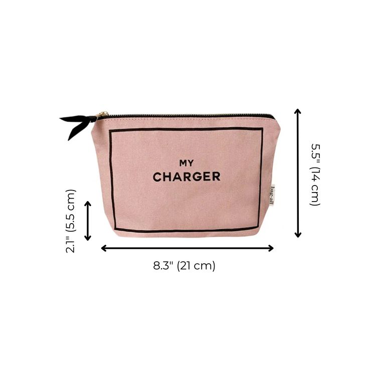 Bag-all's Charger Pouch in blush/pink color, keeps all your Chargers and Cords in one place! Perfect for organizing at home or as you travel. Made from high quality 100% natural cotton material this bag closure is easy and secure, using a durable gold metal zipper with a ribbon made of 100% recycled material, along with a black print on the blush background - this chic case offers easy access to your charger and cords, freeing up your workspace and making it easier to find your charger. The Char Pink Zipper Pouch Travel Accessories For Daily Use, Pink Rectangular Zipper Pouch Travel Accessory, Pink Bag With Zipper Pouch For Everyday Use, Blush Travel Pouch Bag, Pink Everyday Canvas Bag With Zipper, Everyday Pink Canvas Bag With Zipper, Everyday Pink Pouch Canvas Bag, Pink Everyday Travel Pouch, Pink Everyday Canvas Pouch Bag