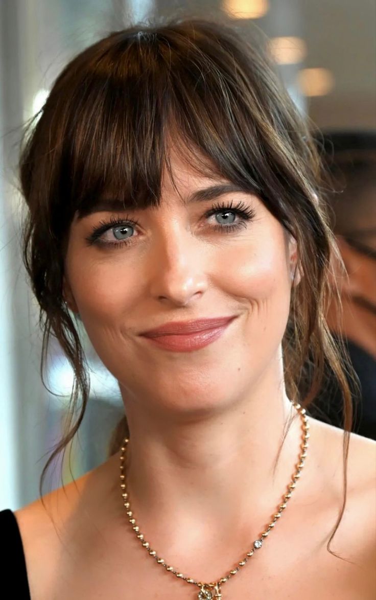 Wedding Fringe Hairstyles, Medium Hair With French Bangs, Thick Bangstyle Hair Medium, Dakota Johnson Updo, Dakota Johnson Curtain Bangs, French Bangs Fine Hair, Fru Fru Hairstyles, Casual Updo With Bangs, Updo With Bangs Wedding