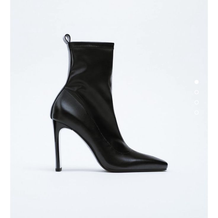 Women Zara Ankle Boot With High Heel. Stretch Shaft. Squared Toe. Back Pull Tab. Inner Side Zipper Closure. Heel Height: 3.8 Inches (9.7 Cm) Black Size 10 Women Party Boots With Padded Ankle And Ankle Strap, Padded Ankle Strap Boots For Party, Elegant High Ankle Heeled Boots, Elegant Ankle-high Boots With Padded Ankle, Trendy Formal Heels With Padded Ankle, Trendy Formal Heeled Boots With Padded Ankle, High Ankle Heeled Boots For Evening In Spring, Spring Evening High Ankle Heeled Boots, Elegant High Ankle Boots For Spring