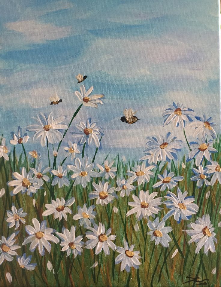 a painting of white daisies in a field with bees flying over the flowers and grass