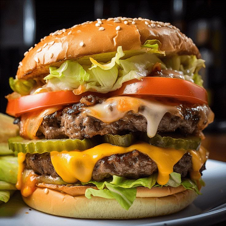 a cheeseburger with lettuce, tomato and pickles on a plate