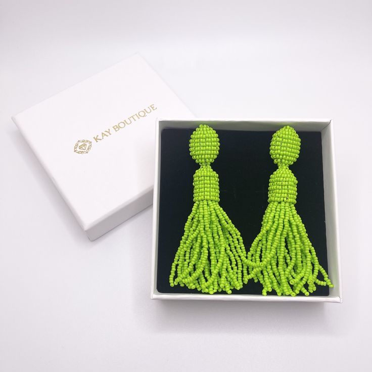 - Ships in 1 business day  - 100% Handmade  - Seed Beads, Gold Filled Metal - Measure: 3.5 inches long  - Weight: 1 ounce (28 grams) the pair Green Beaded Tassel Drop Earrings, Green Tassel Beaded Drop Earrings, Elegant Green Beaded Fringe Tassel Earrings, Elegant Lime Green Dangle Earrings, Luxury Green Beaded Earrings, Earrings For Spring, Beaded Tassel Earrings, Summer Earrings, Summer Earring