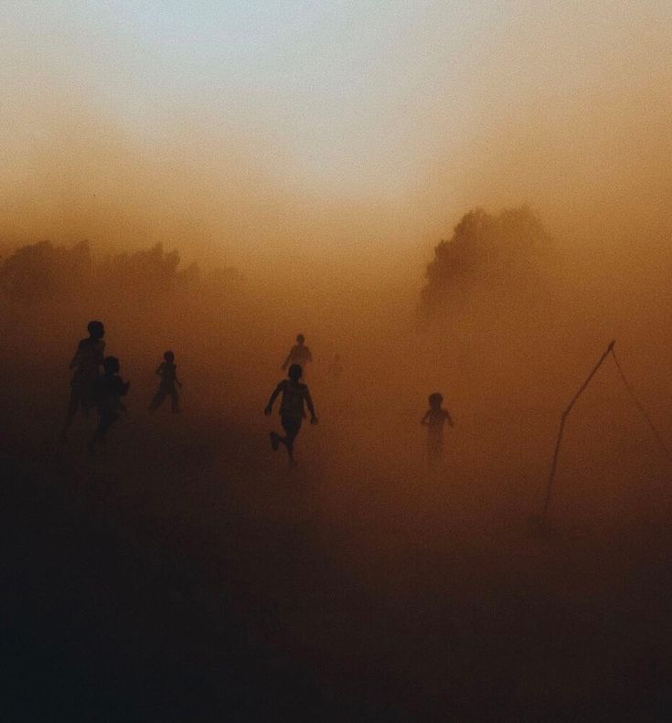 many people are walking through the foggy field