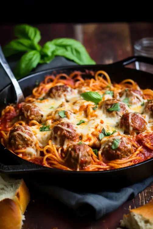 a skillet filled with spaghetti and meatballs